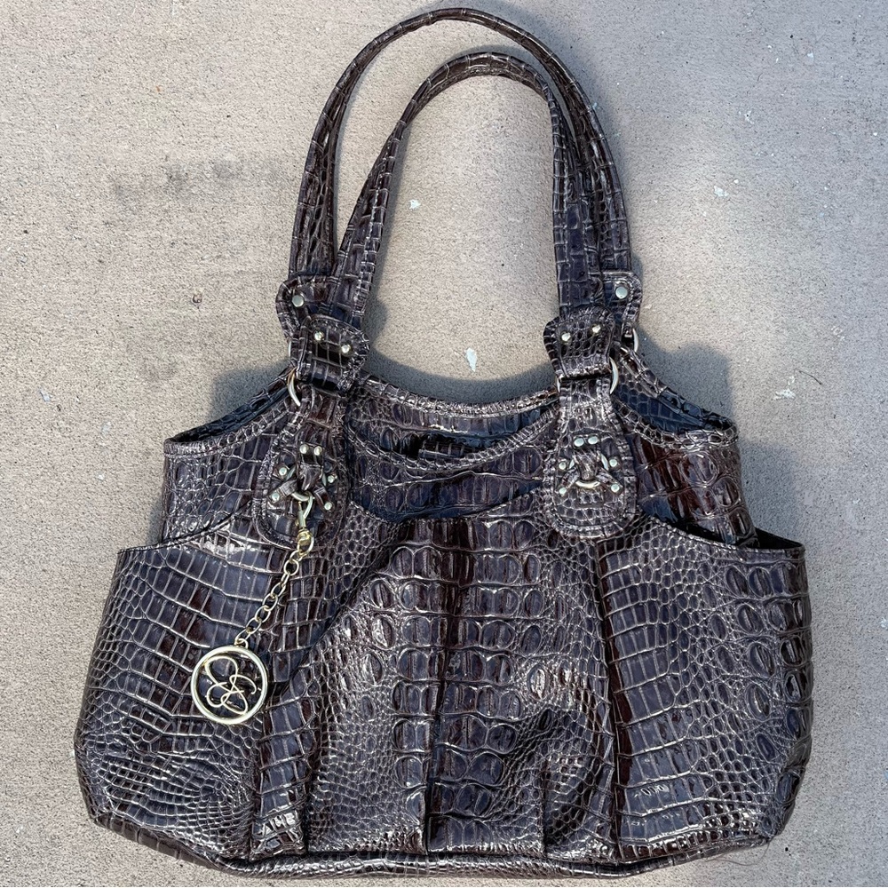 Jessica Simpson Faux Alligator Skin Purse Shoulder Bag Brown w/ Gold Accents